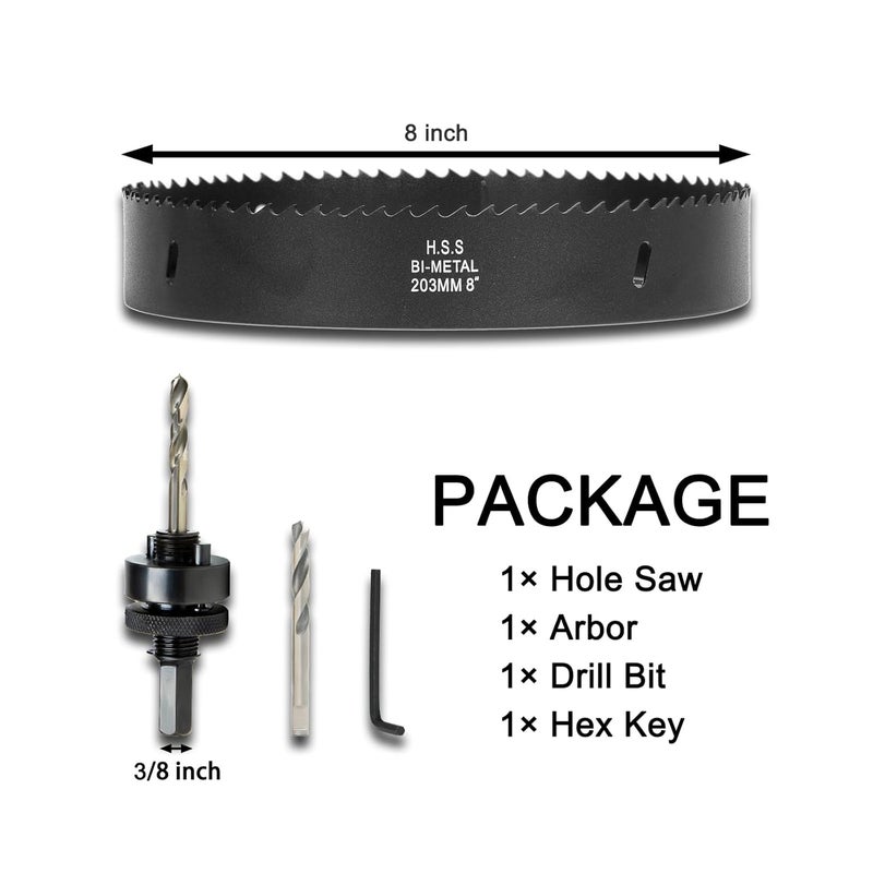 VIKITON 8 Inch Hole Saw with Arbor for Wood Metal Plastic, 8 in Bimetal Hole Cutter, Fast Chip Removal, Smooth Flat Drilling Edge, Lightweight & Portable (Black) - Image 3